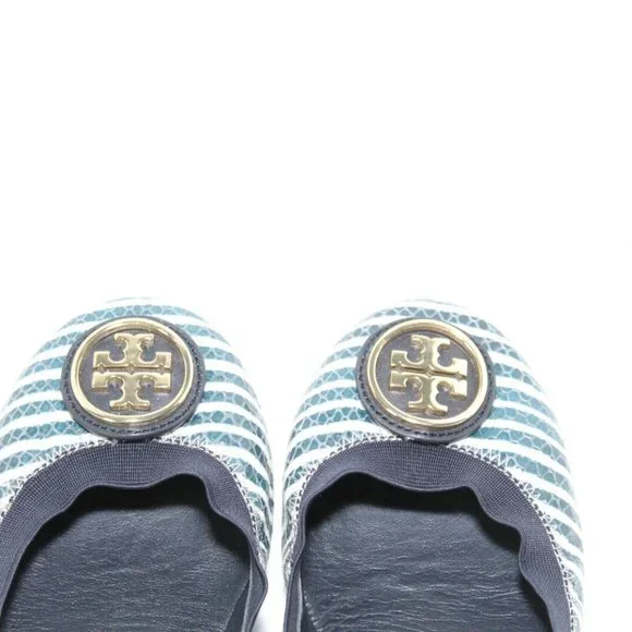 Tory Burch Caroline 2 Striped Ballet Flats Navy White Gold Shoes Size 7.5 H13069 - Picture 3 of 11